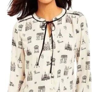 Talbots Paris Blouse Tie Button Front Shirt Cream Black Novelty Print Chiffon 2X